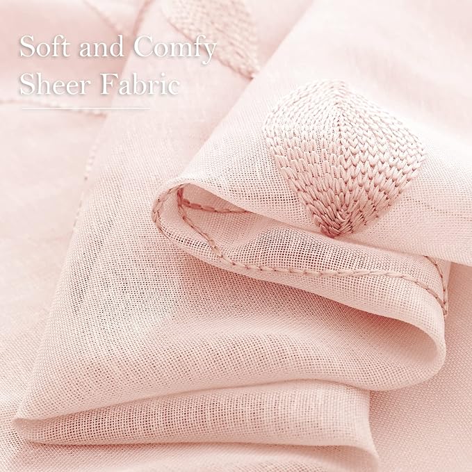 HOMEIDEAS Blush Pink Sheer Curtains 52 X 84 Inches Length 2 Panels Embroidered Leaf Pattern Pocket Faux Linen Floral Semi Sheer Voile Window Drapes for Bedroom Living Room