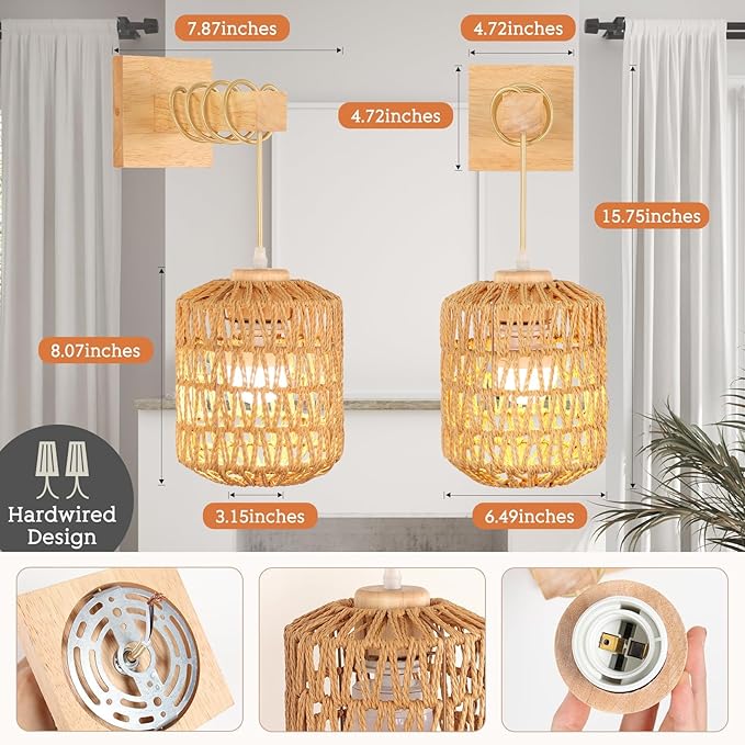 Rattan Wall Sconce Battery Operated Set of 2,Rechargeable Wall Light with Remote Control,Farmhouse Boho Wall Sconce Dimmable,Wireless Rustic Wall Lamp Indoor for Bedroom Living Room hallways foyer.