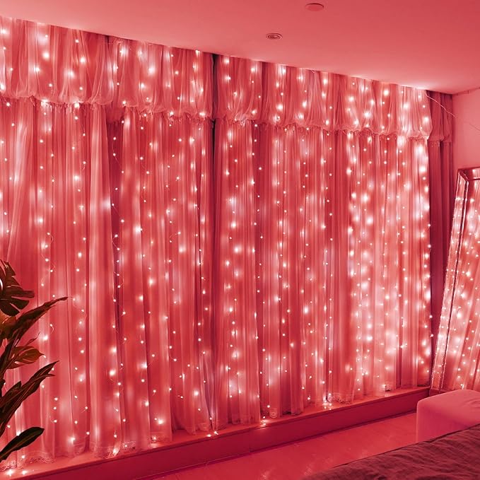 HXWEIYE 300LED Fairy Curtain Lights, 9.8x9.8Ft Red USB Plug in 8 Modes Timer Christmas String Hanging Lights with Remote for Bedroom Backdrop Wedding Party Home Wall Garden Outdoor Indoor Decor