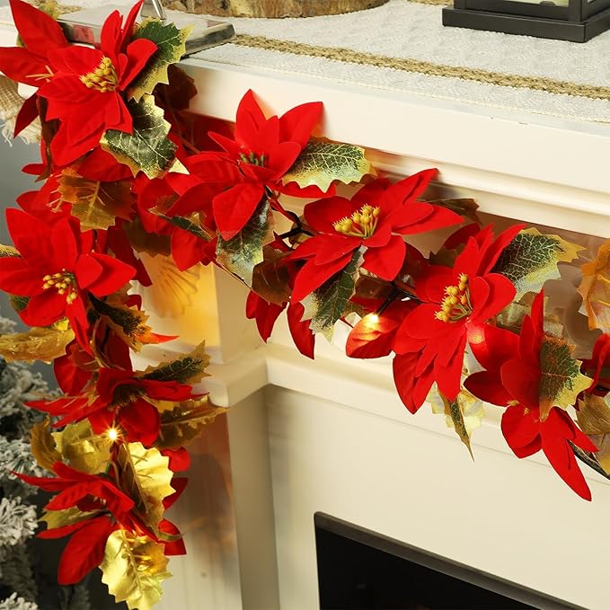 Glintoper 2 Pack Christmas Poinsettia Garland, 5.9 FT Lighted Artificial Garlands with 36 Red Flowers, Battery Operated with Timer Poinsettia String Lights, Light up for Xmas New Year Home Decor