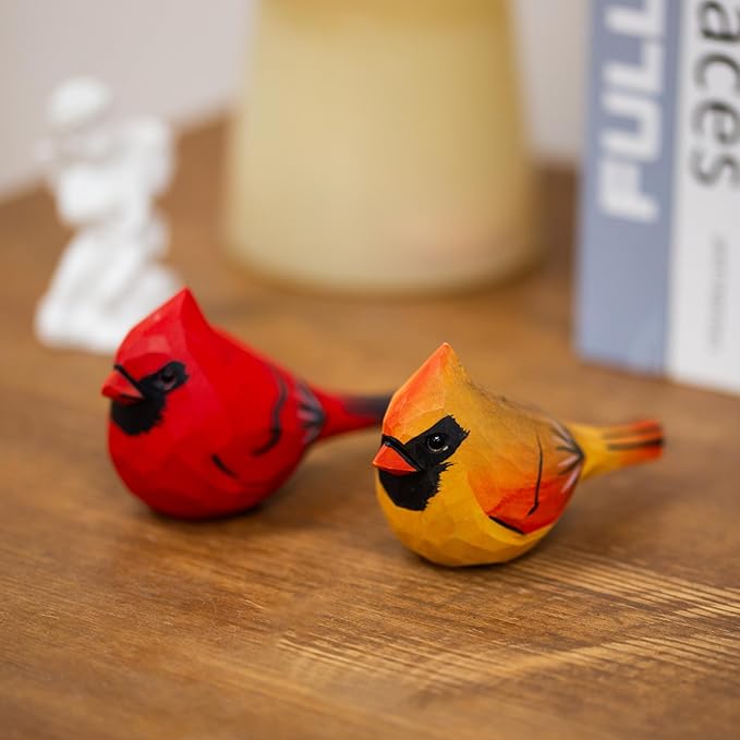 Handcrafted Red Cardinal Figurines – 1 Pair Small Wooden Christmas Male & Female Cardinals Statues Decor for Shelf, Desk, Mantel – Eco-Friendly for Women & Collectors
