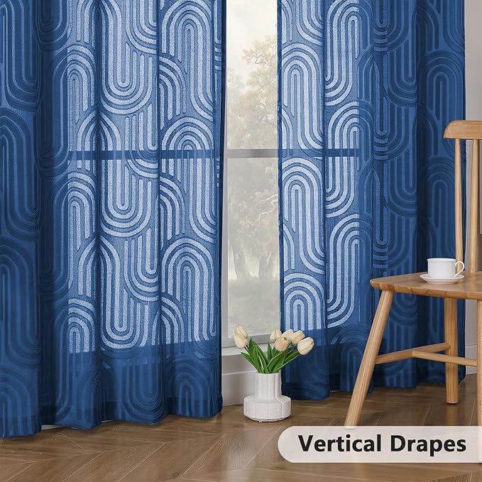 Simplebrand Sheer Dusty Blue Curtains, Kitchen & Bathroom, 42W x 36L Inches, 2 Panels Set, Modern Rod Pocket, Semi-Sheer, Geometric Jacquard