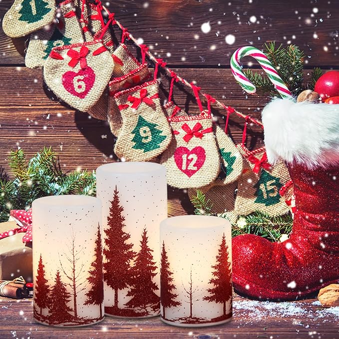 DRomance Christmas Tree Flameless Flickering Candles Battery Operated with 6H Timer, 3 Pack Real Wax Warm Light LED Pillar Candles Dinner Tabletop Holiday Centerpiece Decor 3" x 6"