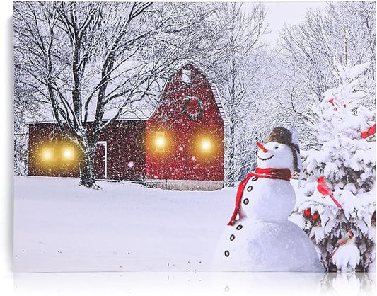 NIKKY HOME 16" x 12" Christmas LED Lighted Canvas Wall Art Prints Light Up Red Barn House Snowman and Christmas Tree Picture Winter Snow Scene for Holiday Decor