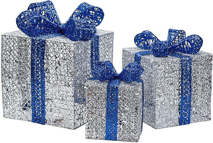 Sunnyglade 7.5”-5.9”-4.7” Set of 3 Christmas Lighted Gift Boxes with Plug for Christmas Decor, Weddings Yard Home Holiday Art Decorations (Silver)