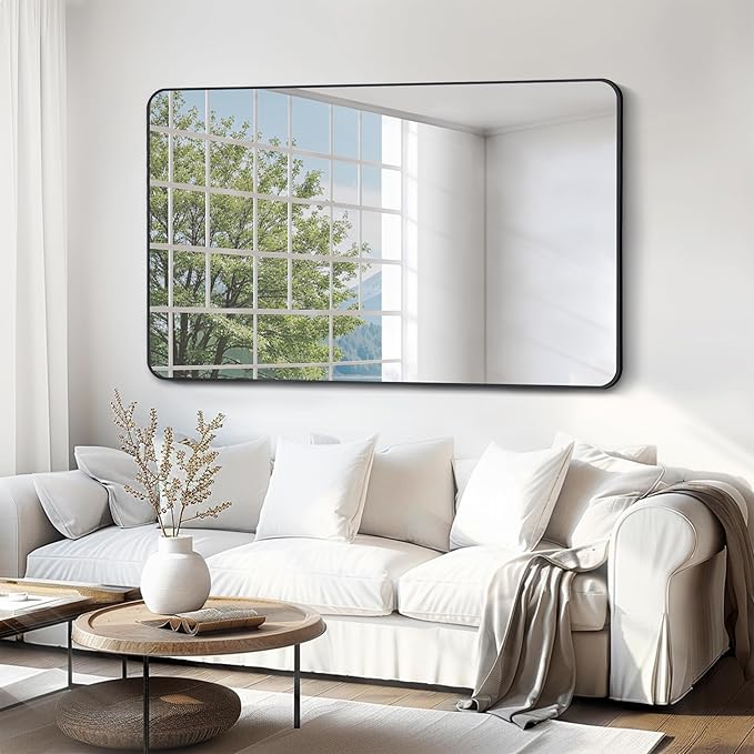 FORBATH Large Bathroom Mirror 36 x 55 Inches,Black Large Wall Mirror Aluminum Frame Wall Mounted Rounded Corner Morndern Mirror for Bathroom Bedroom Entryway Living Room