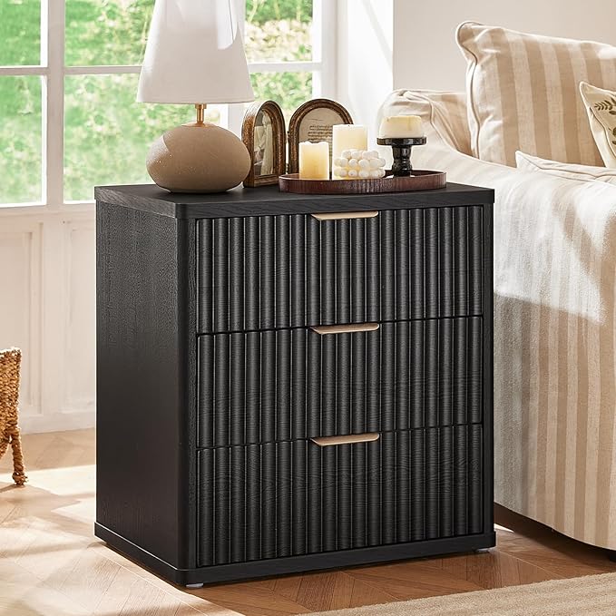LEYAOYAO 23" Wide Fluted Night Stand with Charging Station,3 Drawers Large End Table with Storage,Black Nightstand Wood Bedside Tables, Farmhouse Cabinet Dresser for Bedroom,Closet