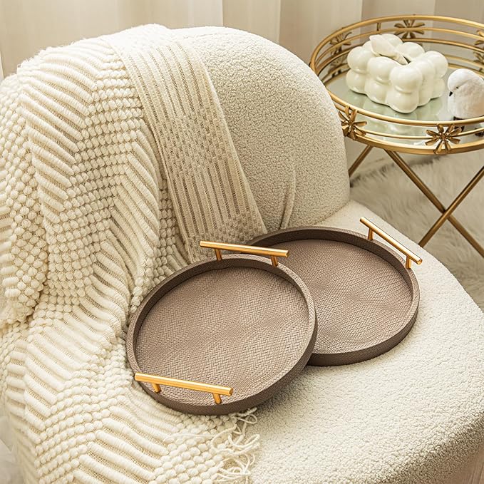 2 Piece Coffee Brown Round Serving Tray with Handles, Woven-Texture Faux Leather Ottoman Tray for Living Room, Decorative Tray for Coffee Table Home Decor