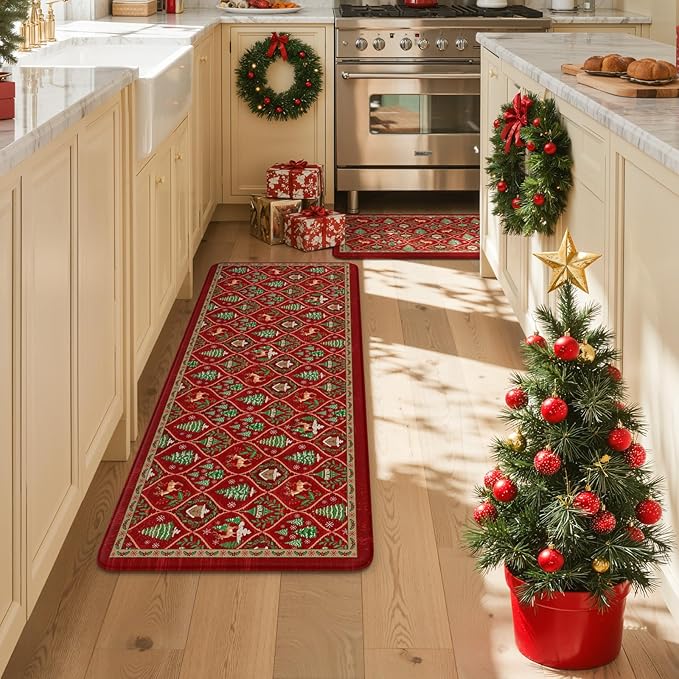Collive Christmas Tree Kitchen Floor Mats, Cushioned Anti Fatigue Kitchen Rugs 2 Piece Morocco Xmas Elk Sink Mat Waterproof, Non Slip Comfort Standing Rug for Home Decorations 17"x30"+17"x47"