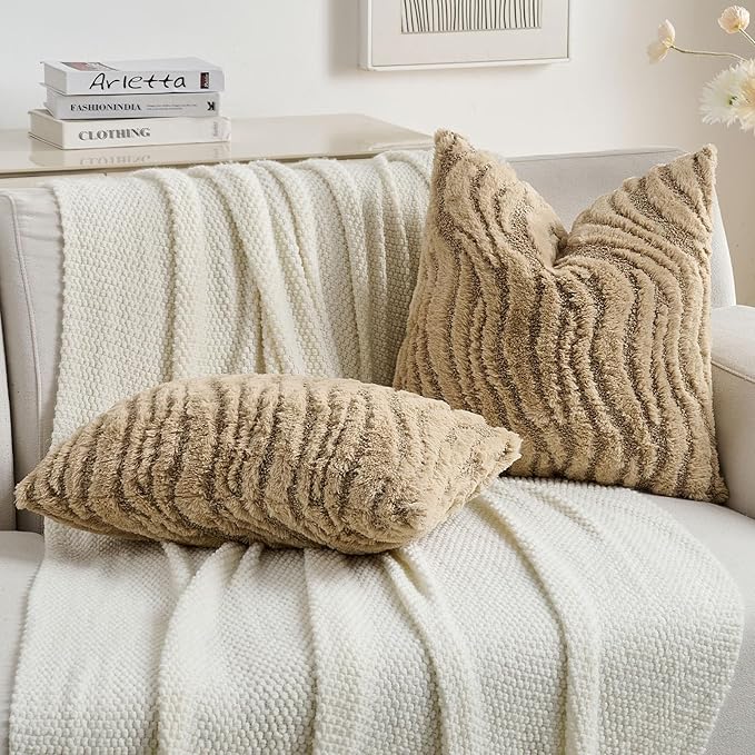 FUTEI Khaki Decorative Throw Pillow Covers 26x26 Inch Set of 2,Soft Faux Fur Geometric Shapes Texture Euro Pillow Shams,Boho Home Decor for Couch Bed Living Room