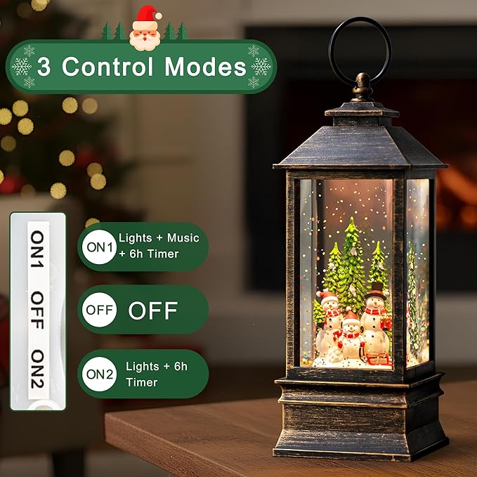 10.4" Christmas Snow Globe Water Lantern with Snowman Family Sledding Scene Battery Operated or USB Powered Musical Lighted Holiday Decoration for Tabletop Display for Family and Friends