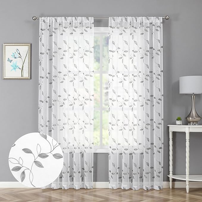 Tollpiz Grey Leaf Sheer Curtain Leaves Embroidered Living Room Curtains Rod Pocket Voile Window Treatment for Bedroom, 54 x 72 inches Long, Set of 2 Panels