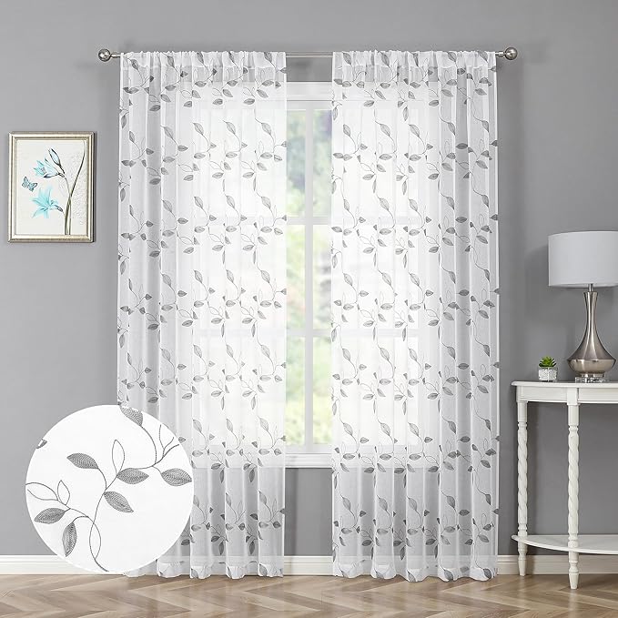 Tollpiz Grey Leaf Sheer Curtains Leaves Embroidered Bedroom Curtain Rod Pocket Voile Window Treatment for Living Room, 54 x 84 inches Long, Set of 2 Panels