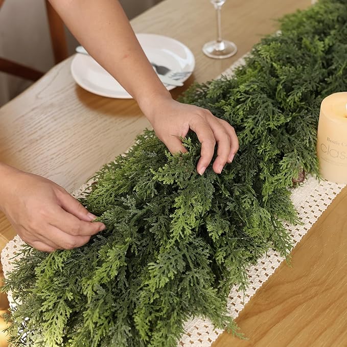 Christmas Cedar Garland - 5ft Artificial Cedar Garland Faux Lush Green Fake Pine Needles for Fireplace,Table,Window,Stairs,Mante,Holiday Indoor Outdoor Xmas Decor(2PCS)