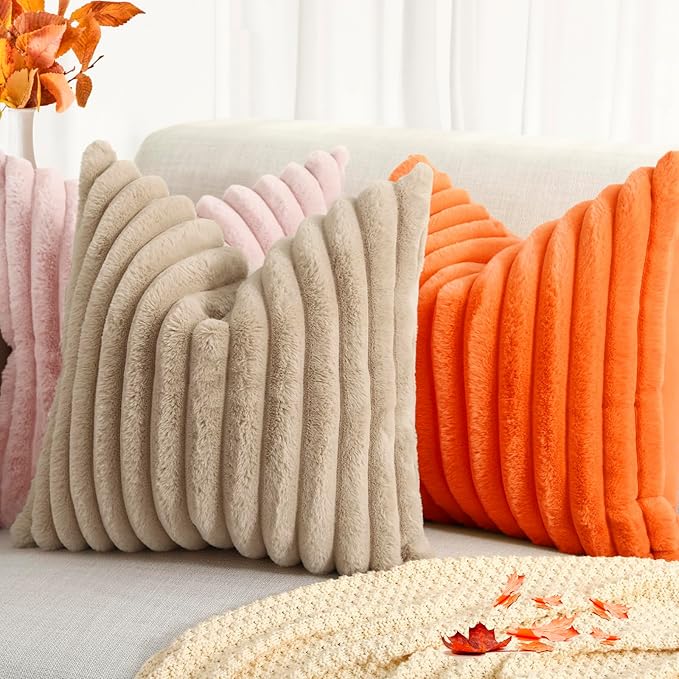 decorUhome Faux Fur Fall Throw Pillow Covers 18x18 Set of 2, Decorative Soft Plush Striped Neutral Couch Euro Pillow Covers with Velvet Back for Sofa, Bed, Living Room Home Decor, Orange