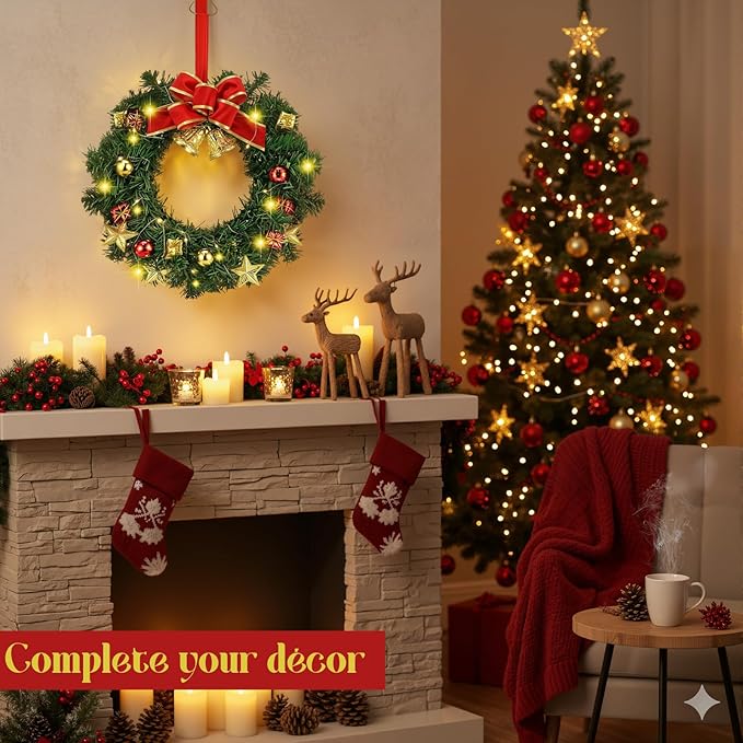 Lyrow 6 Pcs Lighted Christmas Wreath with Red Bow Ornament 13 Inch Prelit Xmas Battery Operated Christmas Wreaths for Front Door Outdoor Holiday Wall Indoor Xmas Decorations Party Decor(Stylish)