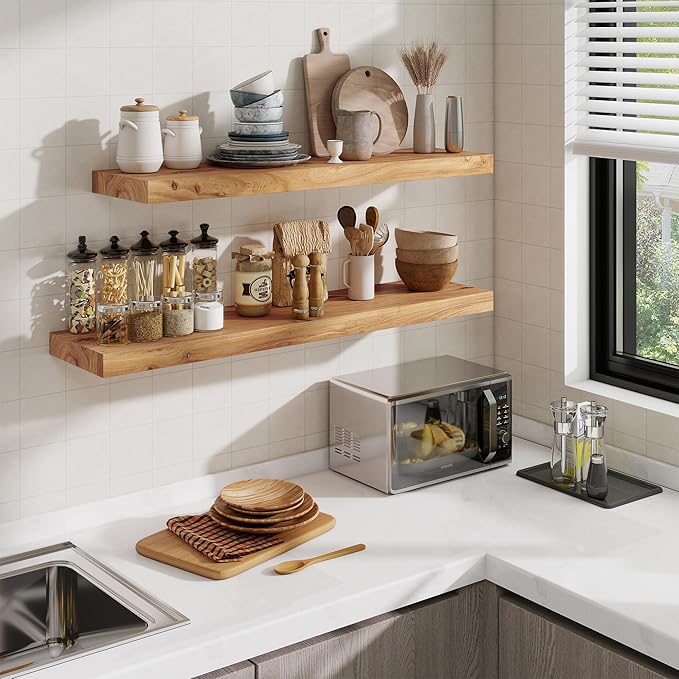 Floating Shelves, 8" Deep Rustic Solid Elm Wood Wall Mounted Floating Shelves, Wall Shelves with Invisible Bracket for Living Room Bathroom Bedroom Kitchen, 48 Inch, Natural