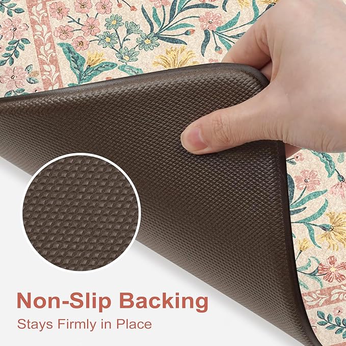 Collive Anti Fatigue Mats for Kitchen Floor, Cushioned Spring Kitchen Mat Comfort Waterproof Padded Sink Rugs Non Slip, Boho Floral Standing Rug for Office, Home Decor, 17"x30"+17"x59", Pink