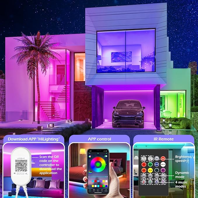 LETIANPAI Led Strip Lights, 82ft/25m Long Smart Led Light Strips Music Sync 5050 RGB Color Changing Rope Lights,Bluetooth APP/IR Remote/Control Led Lights for Bedroom,Home Decoration,Party,Festival