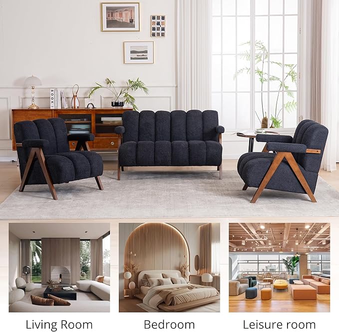 Mid Century Modern Accent Chair Loveseat Sofa with Solid Wood Frame, Boucle Upholstered Living Room Chairs with Thick Cushion, Comfy Tufted Arm Chair for Bedroom, Black
