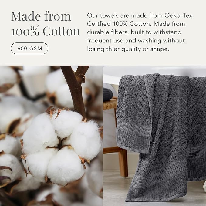NY Loft 100% Cotton Bath Towel 4 Pack | Super Soft & Absorbent Quick-Dry Bath Towels 30" x 52" | Textured and Durable Cotton | Trinity Collection (4 Pack Bath Towel, Charcoal Grey)
