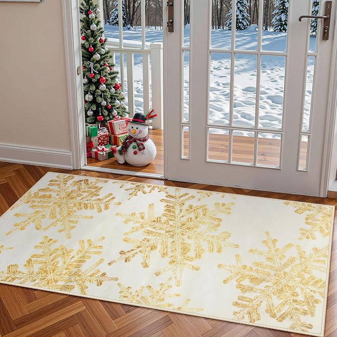 Lahome Snowflake Christmas Kitchen Rugs, 2x4 Christmas Entryway Rug Soft Non Slip Christmas Doormat Indoor, Small Rug Non-Slip Holiday Decor Washable Rugs for Bathroom Bedroom(2x4ft,Gold)