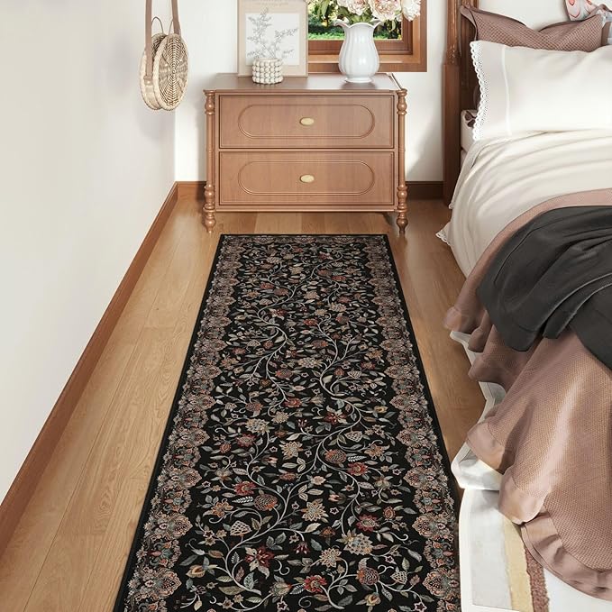 Rugcomf Vintage Paisley Kitchen Runner Rug 2'x6' - Machine Washable, Non-Slip Low Pile Floral Carpet for Laundry, Bedroom, Bathroom - Black