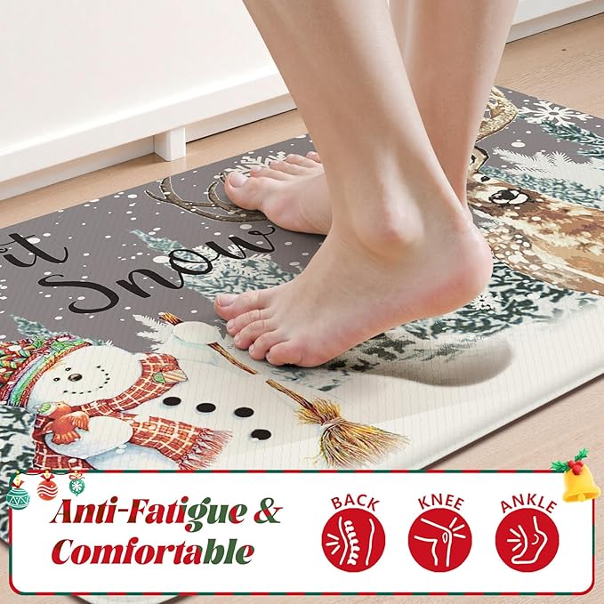 Collive Christmas Snowman Kitchen Mats, Cushioned Anti Fatigue Winter Xmas Tree Kitchen Rugs Sets of 2 Waterproof Elk Sink Mat, Non Slip Comfort Standing Floor Rug for Desk Home Decorations, Grey