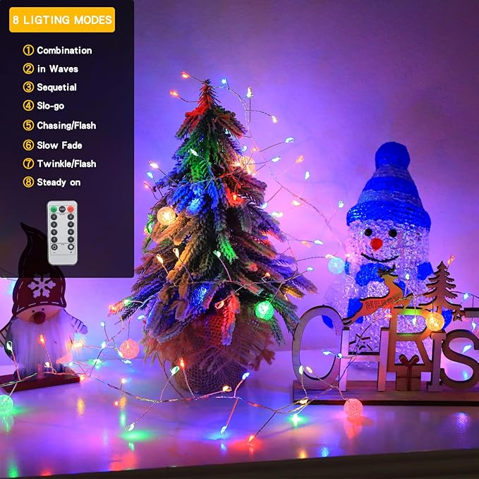 Battery Operated & USB Fairy Lights with Remote,10FT 200LED Cluster Lights Christmas Waterproof Twinkly Globe String Lights for Christmas Tree Copper Wire Firecracker Light for Bedroom Indoor Decor