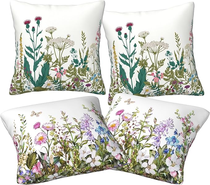 Wildflowers Throw Pillow Covers 18x18 Set of 4 Farmhouse Decorative Pillow Covers Floral Outdoor Patio Pillow Cases Cushions Cover for Living Room Couch Sofa Bed Home Decor