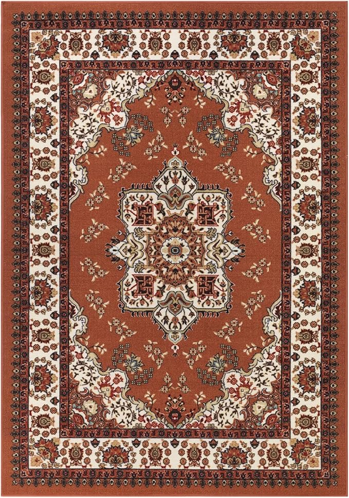 Antep Rugs Alfombras Oriental Traditional 5x7 Non-Skid (Non-Slip) Low Profile Pile Rubber Backing Indoor Area Rugs (Rust Brown, 5' x 7')