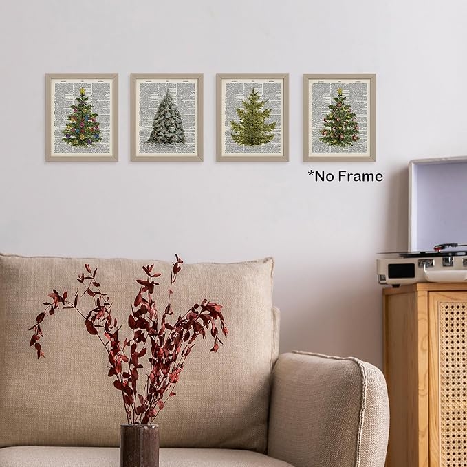 TLESKE Vintage Winter Christmas Pine Trees Posters Prints Unframed Set of 4 for Home Bedroom Living Room, Retro Christmas Pine Trees Wall Art Prints Decor, Aesthetic Winter Wall Pictures, 8x10