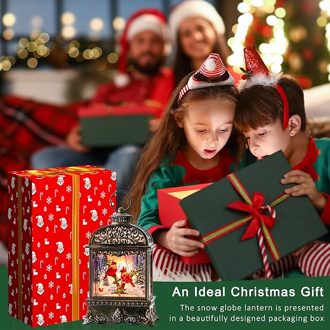 10.2" Christmas Snow Globe Water Lantern with Cardinal Scene Battery Operated or USB Powered Musical Lighted Holiday Decoration for Tabletop Display for Family and Friends