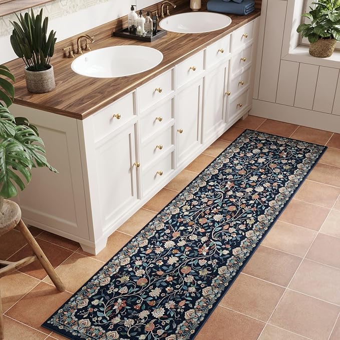 Rugcomf Vintage Paisley Kitchen Runner Rug 2'x6' - Machine Washable, Non-Slip Low Pile Floral Carpet for Laundry, Bedroom, Bathroom - Blue