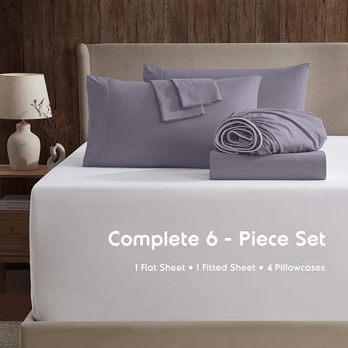 Nestl Extra Deep Cal King Sheet Set - 6 Piece Breathable & Cooling Sheets - Hotel Luxury Bedding Set w/18-24 Inch Deep Pockets - Easy & Secure Fit - Super Soft, Wrinkle Free & Comfy - Grayish Purple