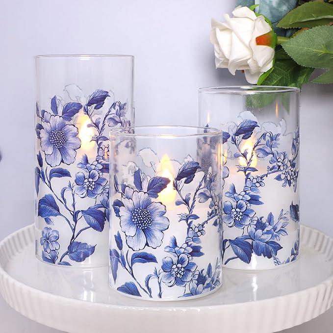 Impress Life Chinoiserie Decor Flameless Candles Blue and White Battery Operated with Remote & Timer Blue White Floral Printed Glass Flickering LED Pillar Candle for Wedding Party Home Table Decor