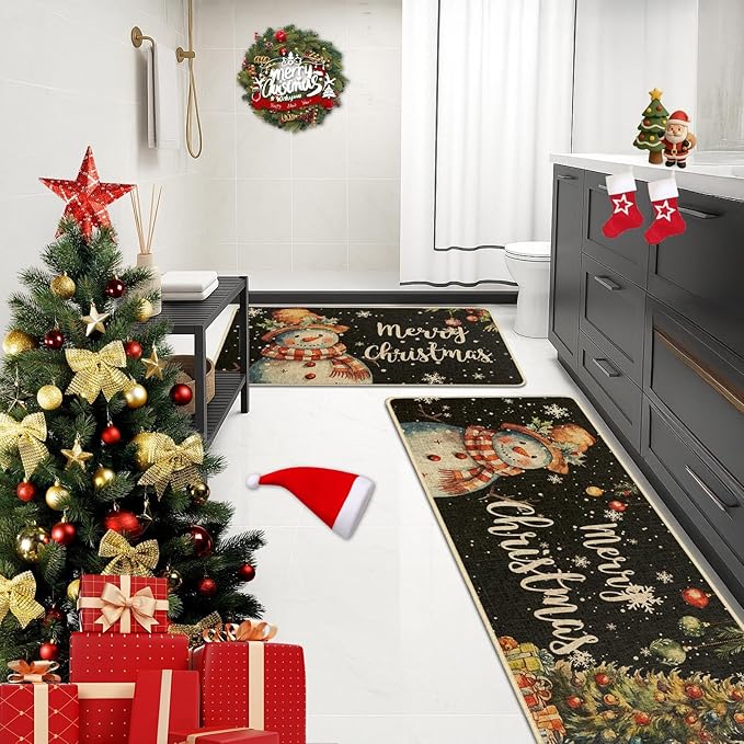 Christmas Snowflake Snowman Kitchen Rugs and Mats Non Skid Washable Set of 2, Xmas Kitchen Mats for Floor Decor