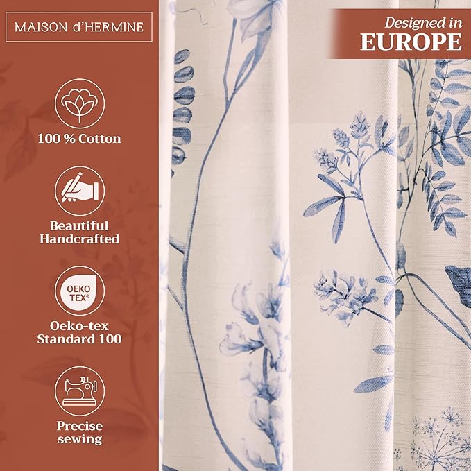 Maison d' Hermine Curtains for Living Room 100% Cotton 96 inch Length One Panel Light Filtering Curtains for Bedroom Windows with Rod and Loop Pockets Drapes (Neo Ipomee Beige, 50" W x 96" L)