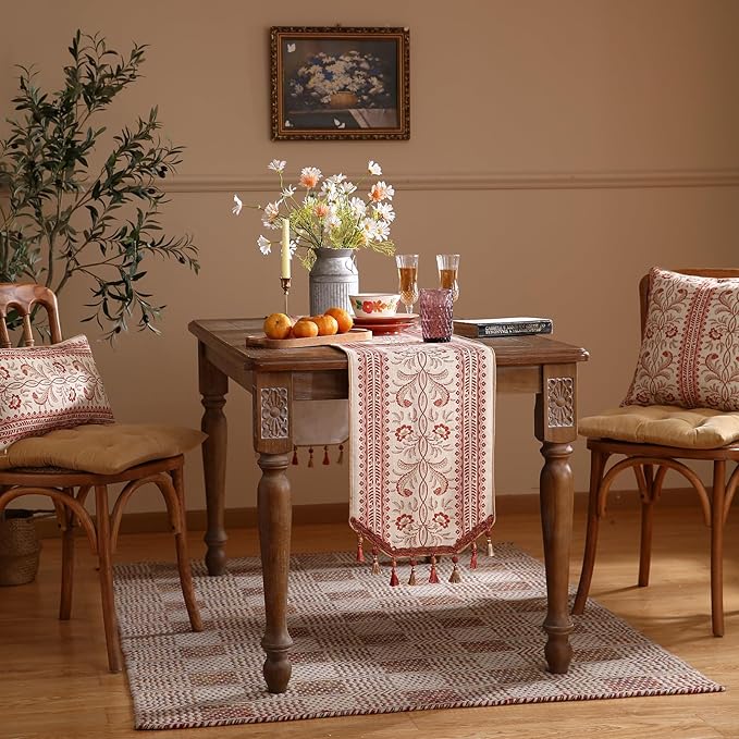 ISAENNE Designer Vintage Linen Table Runner 71 Inches Long,Red Floral Pattern Modern Decor Table Runners for Dining Tables,Thanksgiving,Kitchen Tables,Christmas,Banquet,12"*71"-Chamonix A