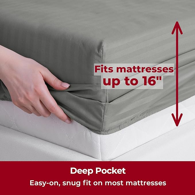 Mellanni King Sheets Set - 4 PC Iconic Collection Bedding - Hotel Luxury, Extra Soft, Cooling Bed Sheets - Wrinkle, Fade, Stain Resistant (King, Striped Gray/Silver)