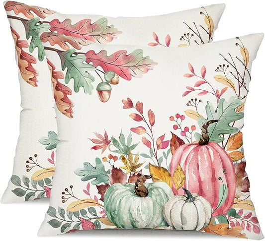 DFXSZ Fall Pillow Covers 18x18 inch Set of 2 Pink Green Pumpkin Fallen Leaves Decorative Outdoor Throw PillowCovers Autumn Thanksgiving Farmhouse Decoration for Home Couch TH27-J18