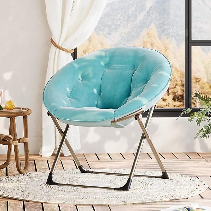 Comfy Saucer Chairs, Blue Folding Reading Lounge Chair, Cozy Faux Fur Living Room Chair with Soft Thick Padded Seat & Metal Frame, Modern Style Bedroom Home for Kids Adults, X-Large, Gold Legs