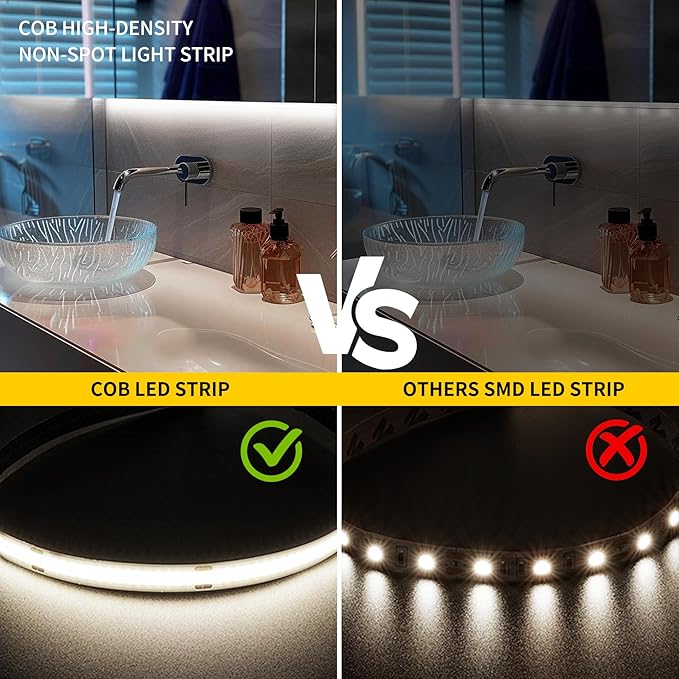 COB led Strips Lights,DC24V Outdoor led Strip,Cool White 6000K,320LEDs/M,8MM Wide,16.4ft/5M,CRI90+ IP65 Waterproof Strips Light for Bathroom Decor,Pool,Aquariums(Not Included Power)