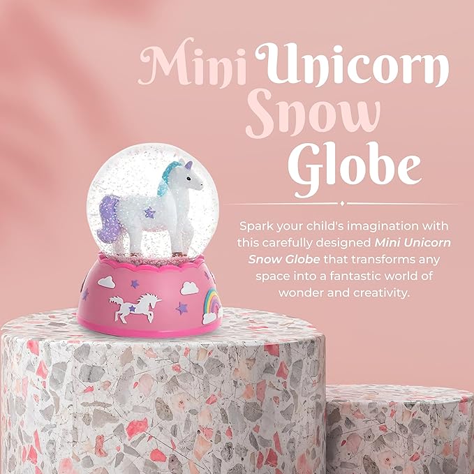 Miniature Shatterproof Unicorn Snow Globe - Handpainted Plastic Globe with Lights, Sparkling Glitter Ornament, Gift Idea for Birthday, Christmas, Very Small for Toddlers