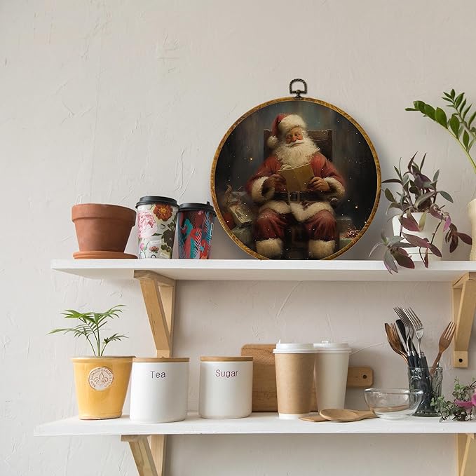 XPH Vintage Christmas Santa Round Wall Art Framed, Rustic Christmas Santa Reading Book Circle Wall Decor, Retro Winter Xmas Hanging Canvas Prints for Home Bedroom Living Room Decoration, 10x10 Inch