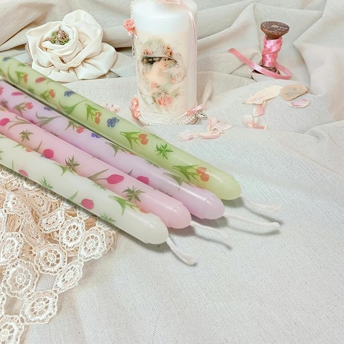 10 Inch Flower Taper Candles 4 Pcs Unscented, Smokeless, Dripless Long Tapered Candlesticks Candles for Mother's Day Birthday Dinner Dating Wedding Party Home Decor