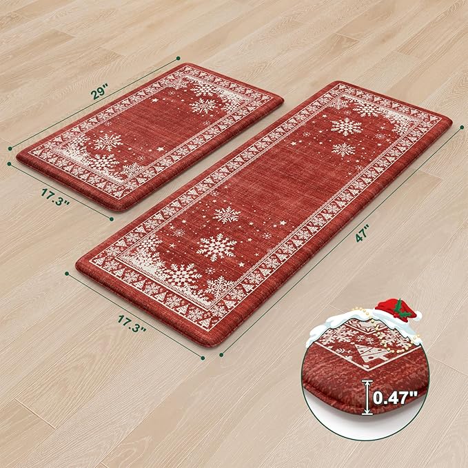 Christmas Kitchen Mats for Floor 2 Piece, Snowflake Kitchen Floor Mats Cushioned Anti Fatigue Kitchen Rugs Non Slip, Bordered Comfort Thick Standing Mat for Home Decor,Sink(Red)