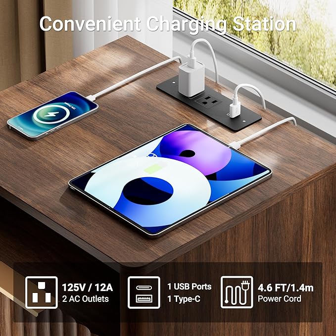 Fluted Nightstand Set of 2 with Charging Station, 18" Modern Farmhouse Night Stand, 2 Drawers End Table with Storage, Bedside Table for Bedroom Sofa Home Office, Curved Profile(Walnut)
