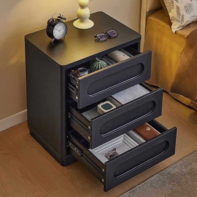 Night Stand Set of 2, Nightstand with 3 Drawers, 21.7"(W) x 15.8"(D) Large Night Stand Bedside Tables for Bedroom, Modern Storage Bedside Table for End Tables, Sofa, Black