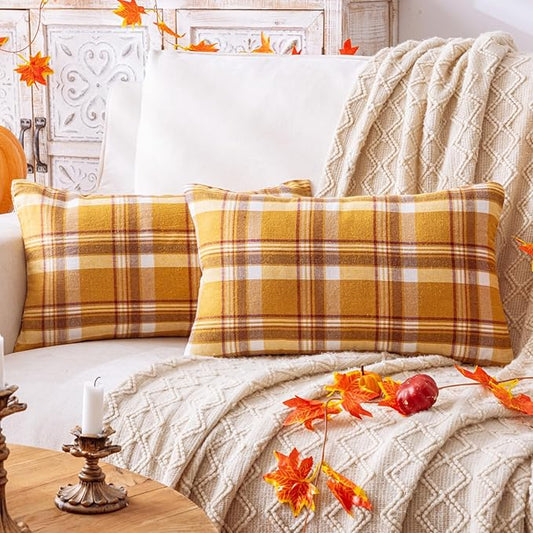 Fall Plaid Orange Brown Throw Pillow Covers 12x20 Inch, Set of 2 Autumn Decorative Throw Pillows for Couch Sofa Bed Living Room Home Decor, Accent Pillow Cases for Farmhouse Couch Cushion Covers